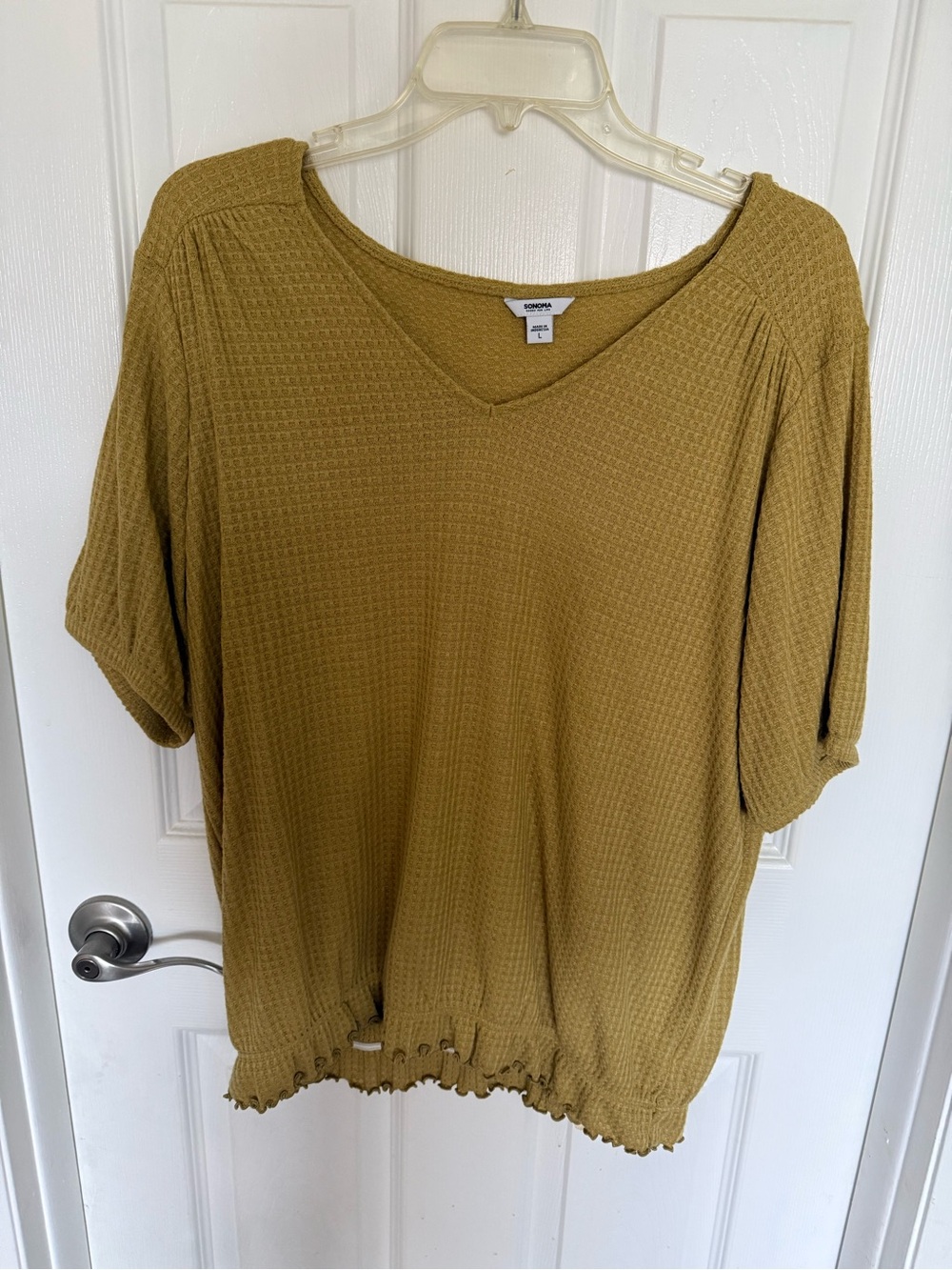 Sonoma Olive yellow Waffle V-Neck Short Sleeve Top